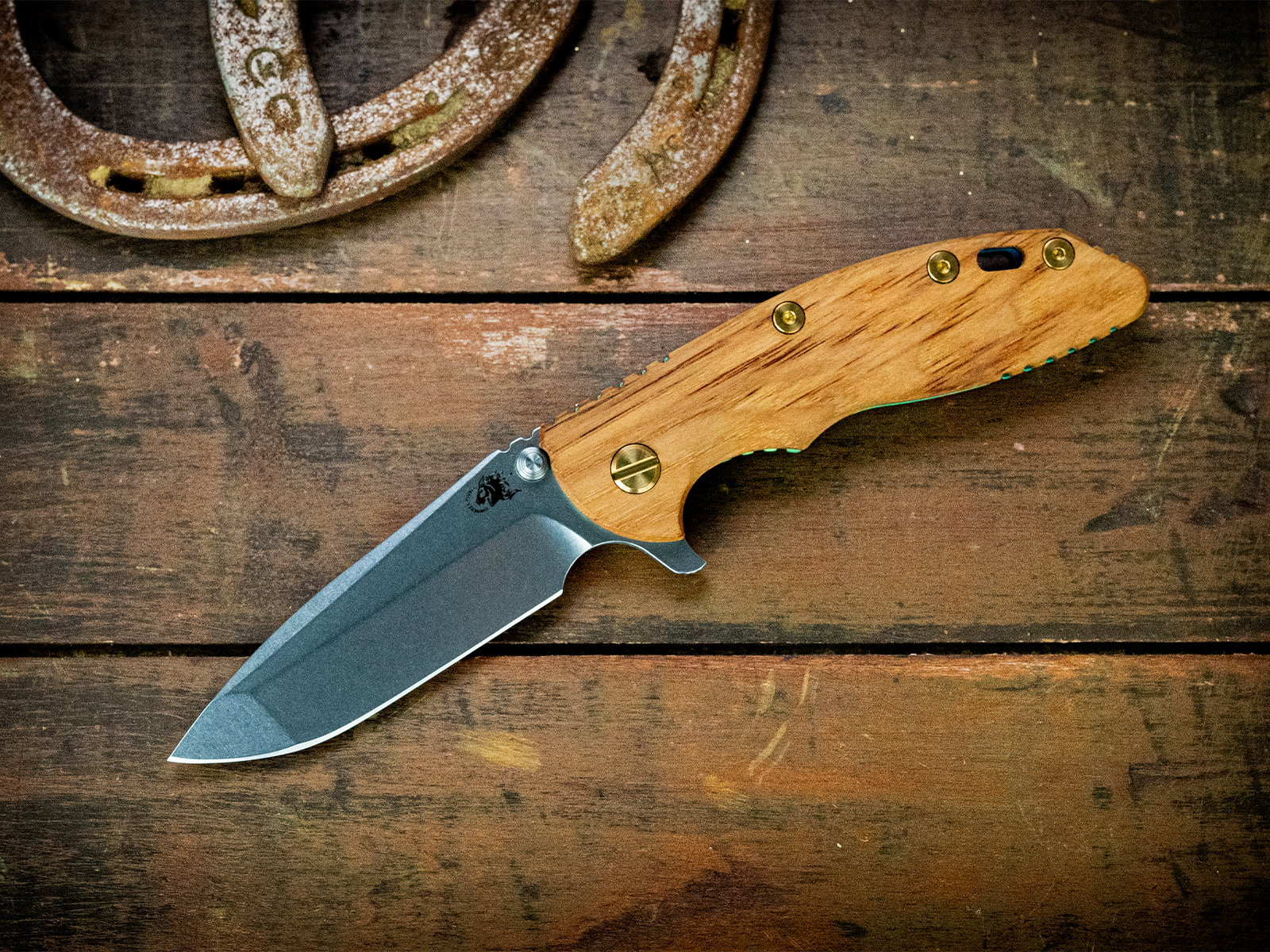 XM-18 3.5" Spanto-S45VN-Stonewash Blade-Blue/Green Fade-Hickory-Brass/Green Aluminum Hardware XM-18 3.5" Spanto-S45VN-Stonewash Blade-Blue/Green Fade-Hickory-Brass/Green Aluminum Hardware