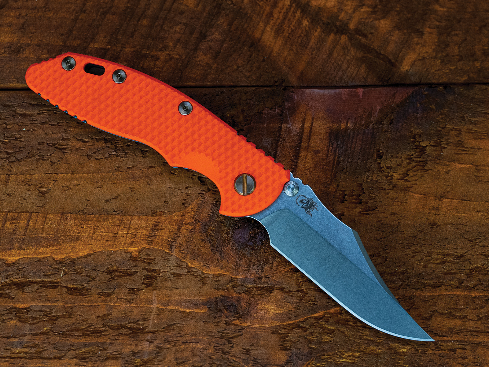 ExpProductCell_XM-18 3.5" Non-Flipper Bowie-S45VN-Stonewash Blade-Battle Purple-Orange G10-Bronze Ti Hardware-Left Handed