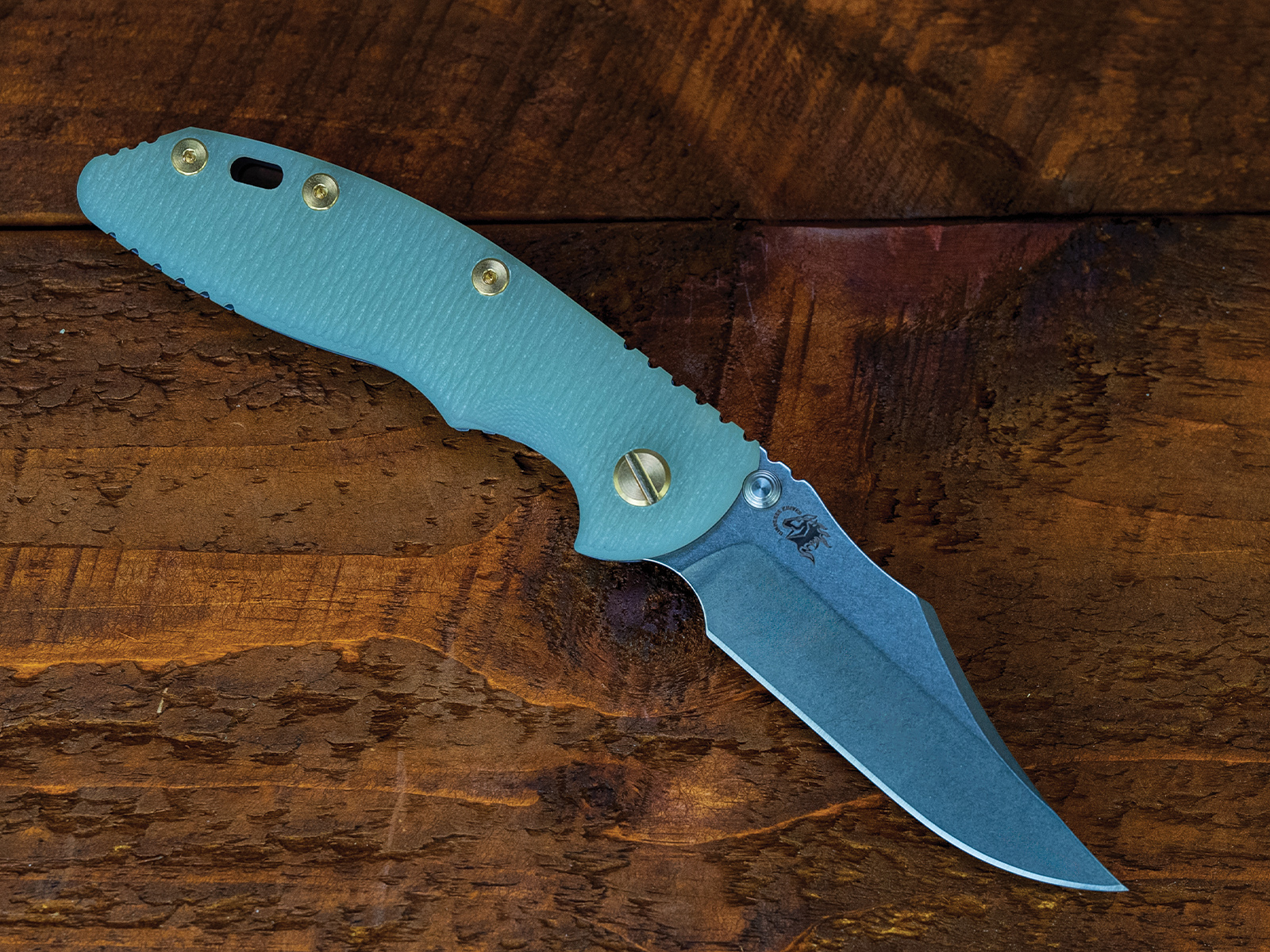 ExpProductCell_XM-18 3.5" Non-Flipper Bowie-S45VN-Stonewash Blade-Battle Purple-Translucent Green G10-Brass Hardware-Left Handed