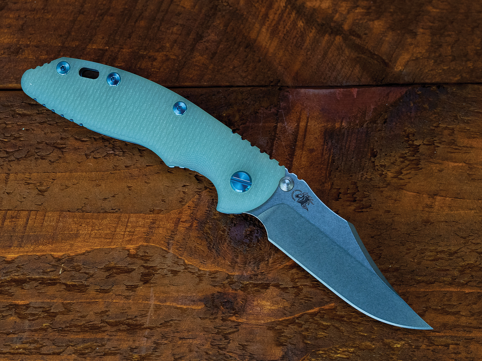 ExpProductCell_XM-18 3.5" Non-Flipper Bowie-S45VN-Stonewash Blue-Translucent Green G10-Blue Ti Hardware-Left Handed