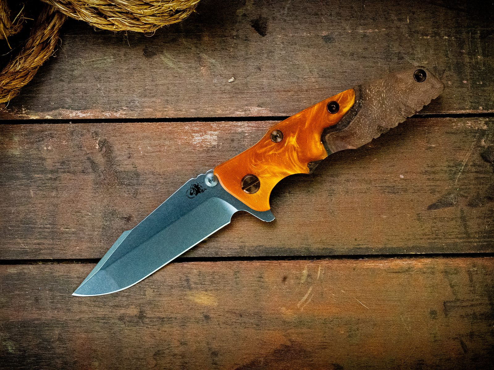 Eklipse-S45VN-Harpoon Spanto-Textured Stonewash Bronze-Wood/Resin-Bronze Ti Hardware/Orange Standoffs Eklipse-S45VN-Harpoon Spanto-Textured Stonewash Bronze-Wood/Resin-Bronze Ti Hardware/Orange Standoffs