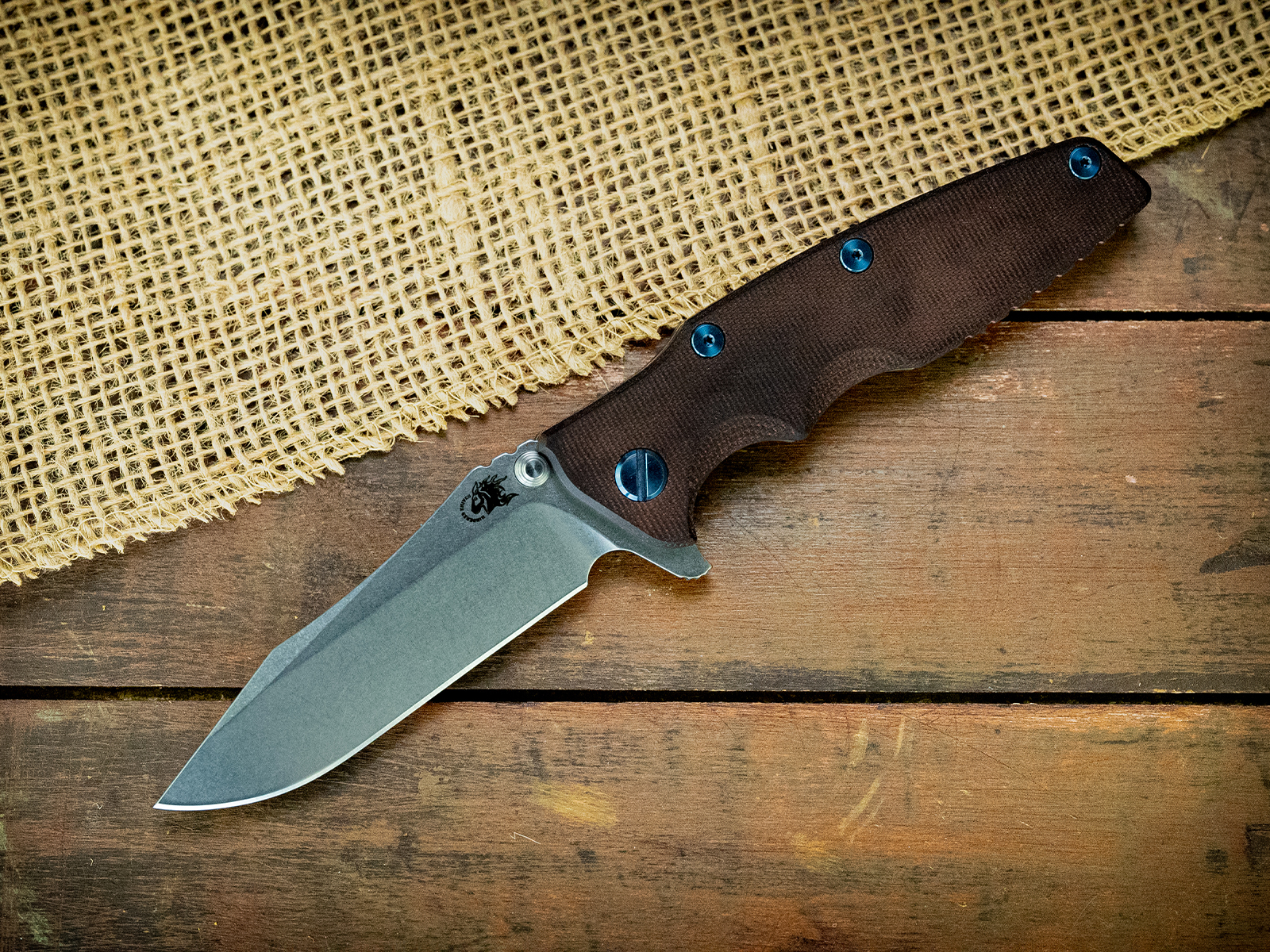 Eklipse-S45VN-Spearpoint-Stonewash Blade-Working Finish Special Ano-Smooth Burgundy Micarta-Blue Ti hardare