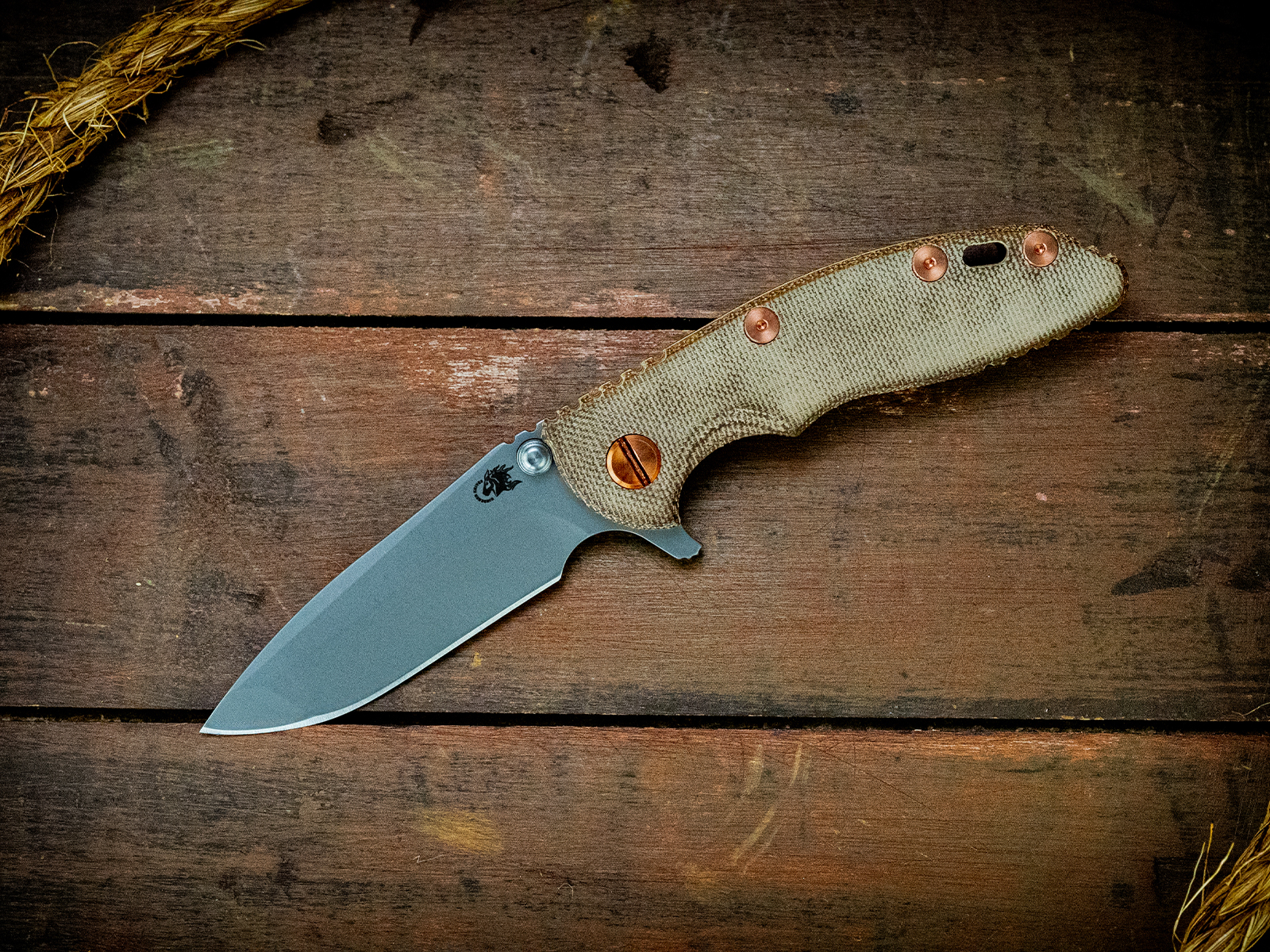XM-18 3" Spanto-Working Finish Bronze/Gold-Smooth OD  Green Micarta-Copper Hardware