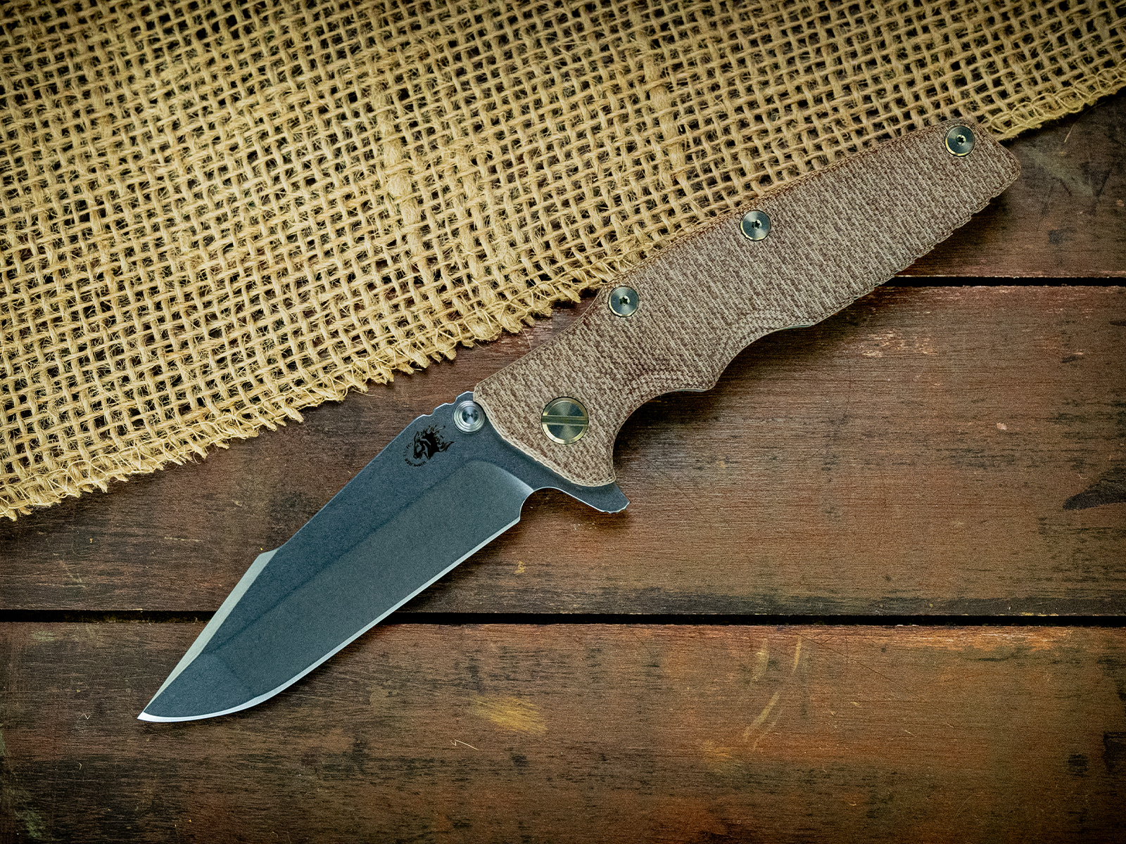 Eklipse-S45VN-Harpoon Spanto-Stonwash Blade-Working Finish Blue-Textured Natural Micarta-Gold Ti Hardware