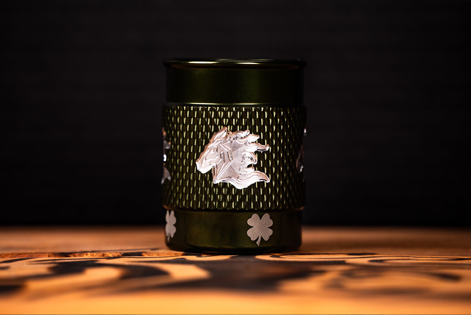 Rick's Special - Rick Hinderer Knives Shot Glass Textured - Aluminum Green with Shamrocks Rick's Special - Rick Hinderer Knives Shot Glass Textured - Aluminum Green with Shamrocks