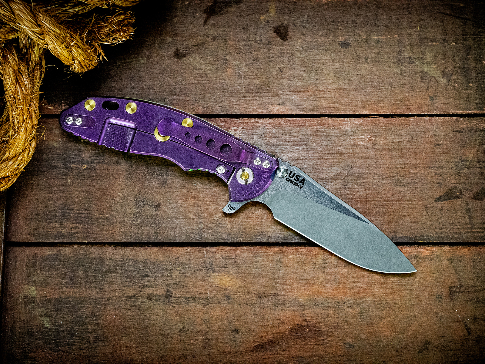 ExpProductCell_XM-18 3.5"-20CV-Slicer-Hollow Ground-Working Finish Two Tone Blade-Stonewash Purple-Lime Green G10-Brass Hardware