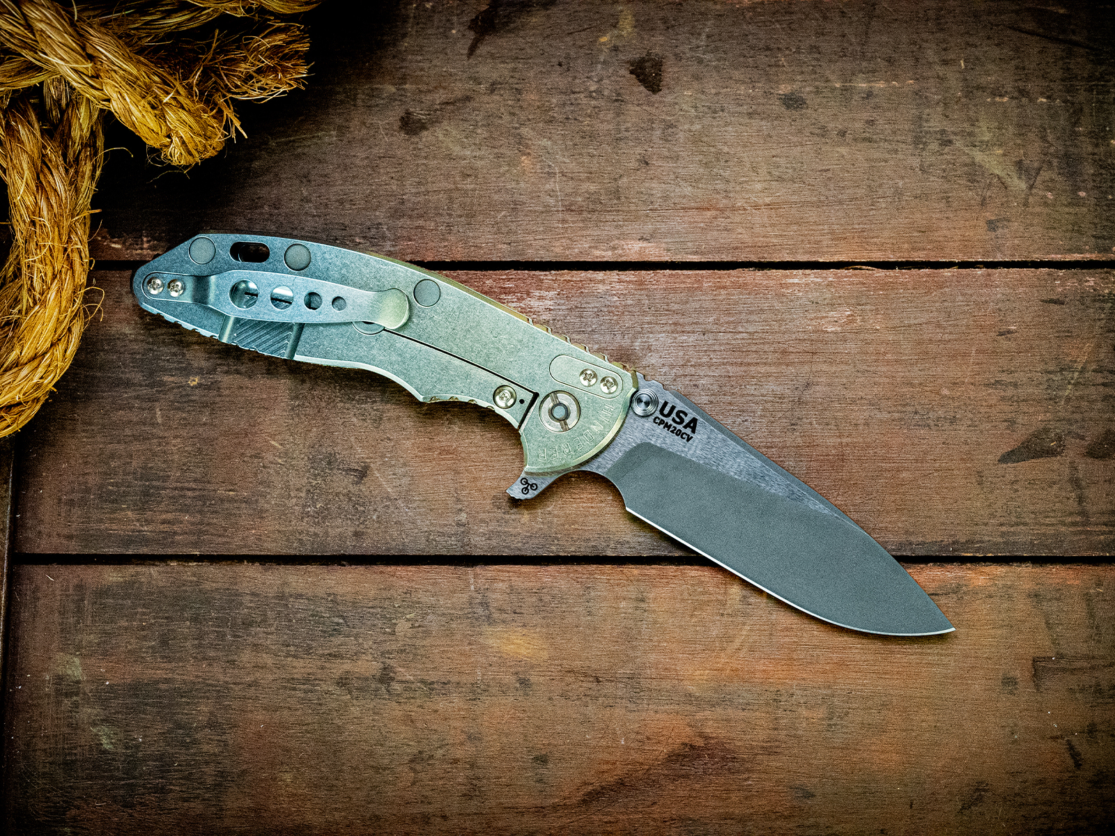 ExpProductCell_XM-18 3.5"-20CV-Slicer-Hollow Ground-Working Finish Two Tone Blade-Special Ano-Smooth OD Green Micarta-Battle Ti hardware