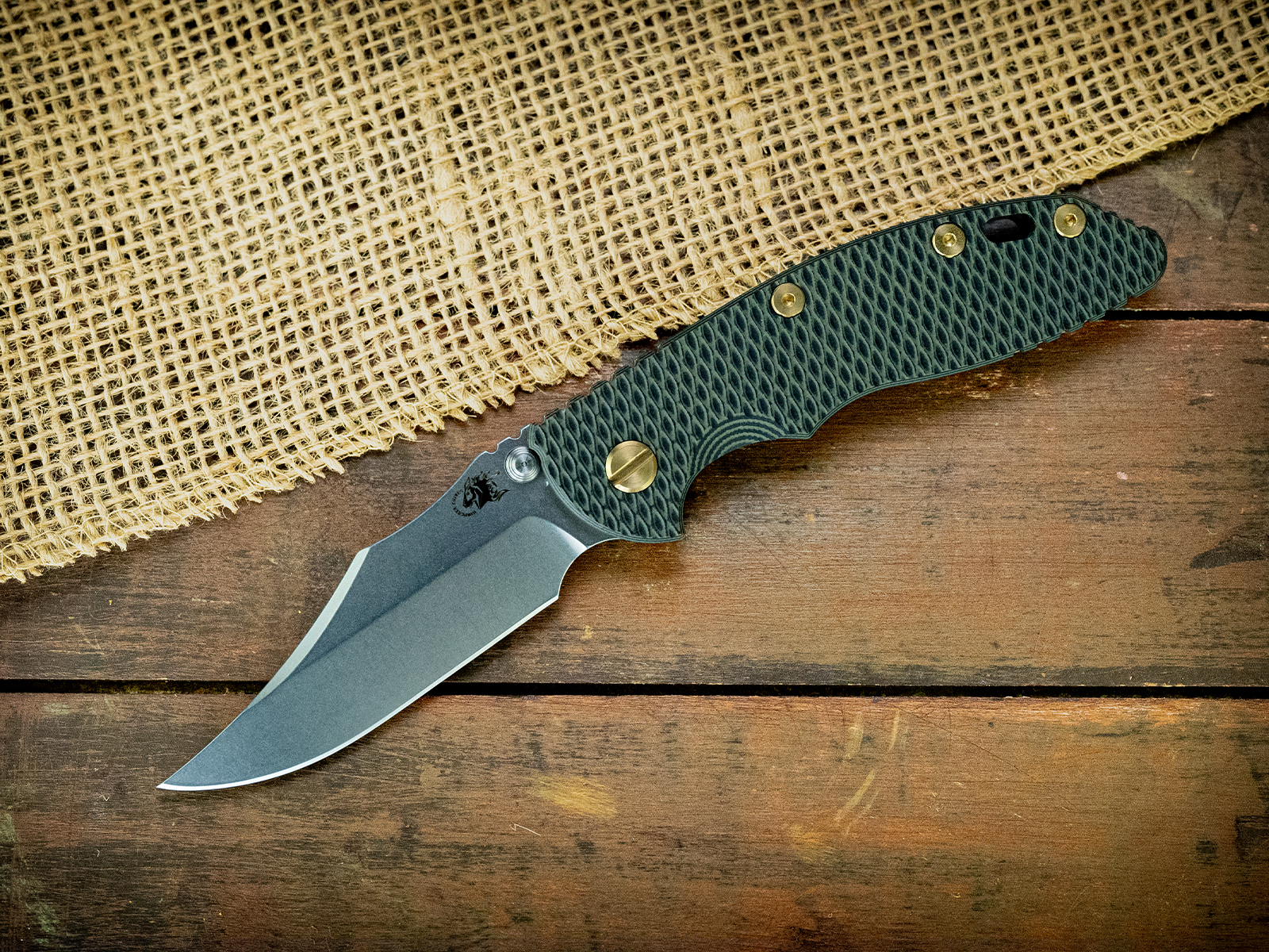 XM-18 3.5"-Non Flipper-Bowie-Stonewash Bronze Textured-OD Green/Black G10-Brass Hardware