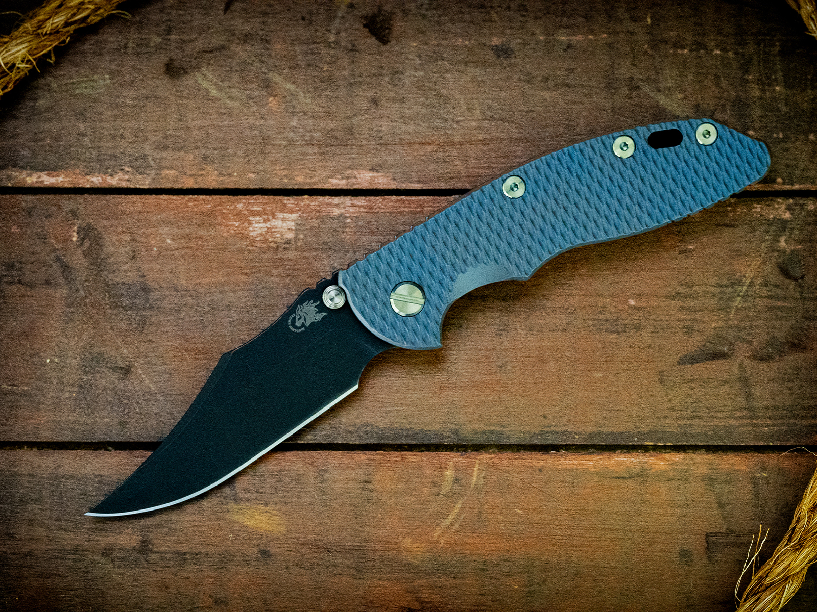 XM-18 3.5"-Non Flipper-Bowie-Battle Black Blade-Full Textured Ti Bead Blast Blue-Green Ti Hardware XM-18 3.5"-Non Flipper-Bowie-Battle Black Blade-Full Textured Ti Bead Blast Blue-Green Ti Hardware