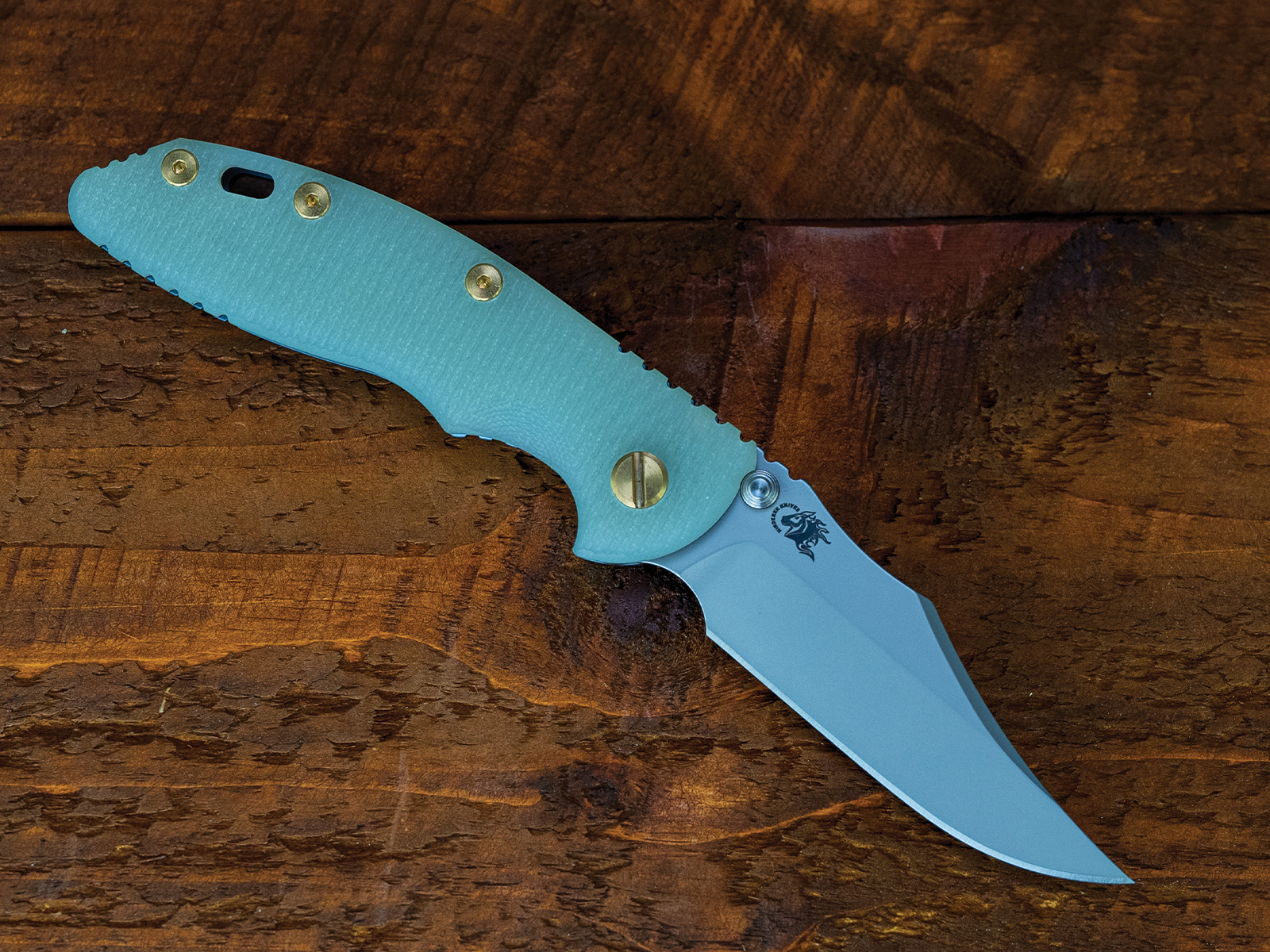 ExpProductCell_XM-18 3.5" Non-Flipper Bowie-S45VN-Bead Blast Blue-Translucent Green G10-Brass Hardware-Left Handed