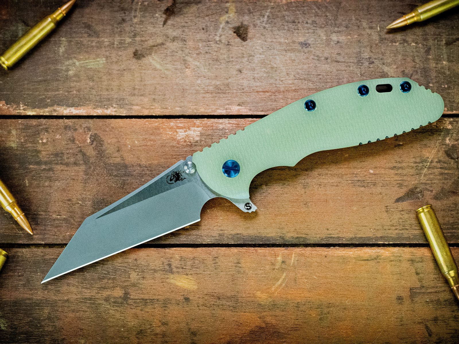 XM-24 Wharncliffe Skinny-S45VN-Two Tone Working Finish-Battle Blue-Translucent Green G10-Blue Ti Hardware XM-24 Wharncliffe Skinny-S45VN-Two Tone Working Finish-Battle Blue-Translucent Green G10-Blue Ti Hardware