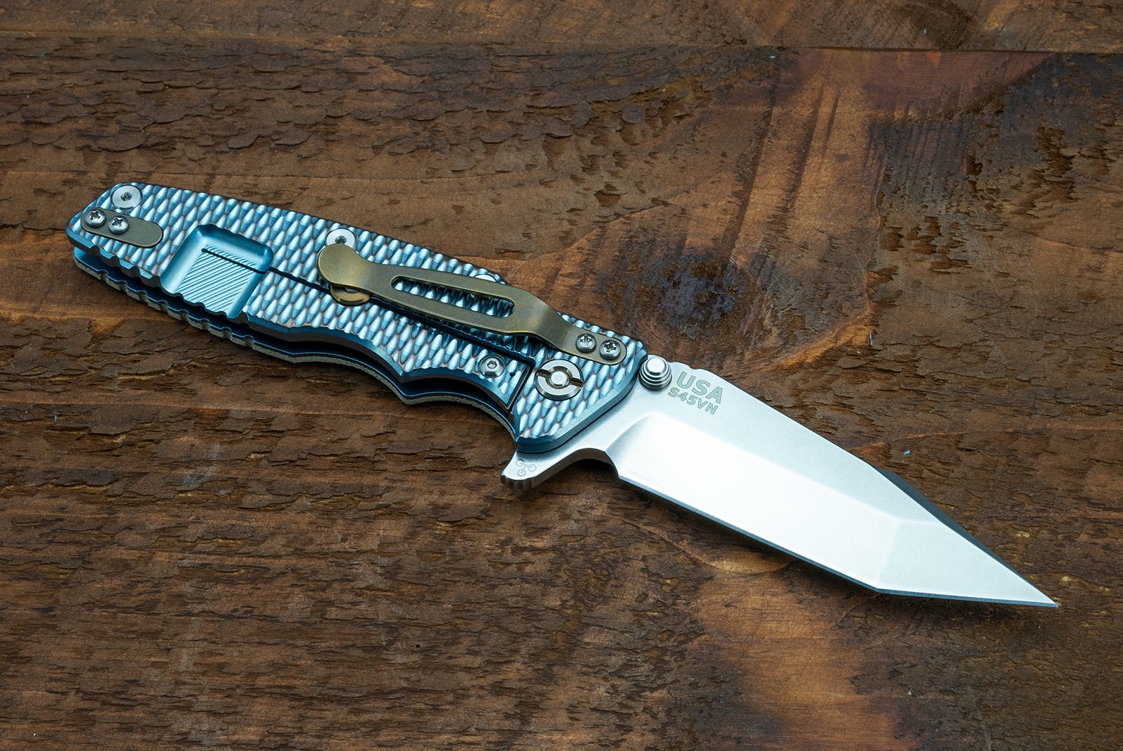 Eklipse-Harpoon Tanto-S45VN-Stonewash-Textured Blue/Bronze-Smooth Natural Micarta