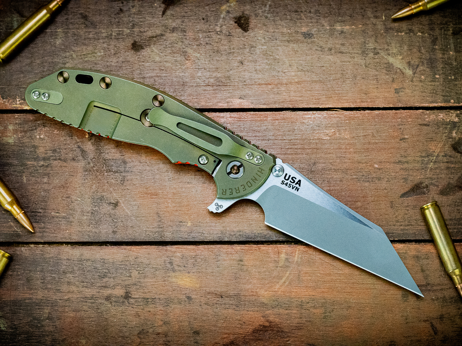 XM-24 Wharncliffe Skinny-S45VN-Two Tone Working FInish-Battle Green/Gold-Orange G10-Bronze Ti/Orange Standoffs XM-24 Wharncliffe Skinny-S45VN-Two Tone Working FInish-Battle Green/Gold-Orange G10-Bronze Ti/Orange Standoffs
