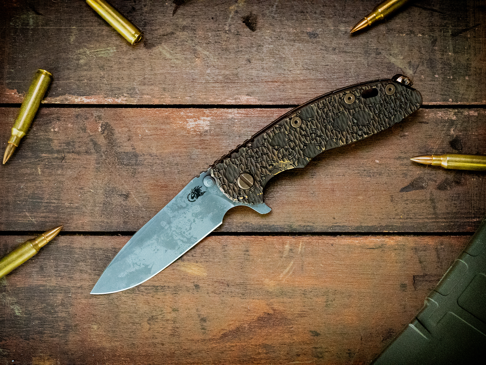 ExpProductCell_XM-18 3.5" Spearpoint-S45VN-Steel Flame Kaos Warrior BPU-Bronze-Warrior Clip/Tab Set