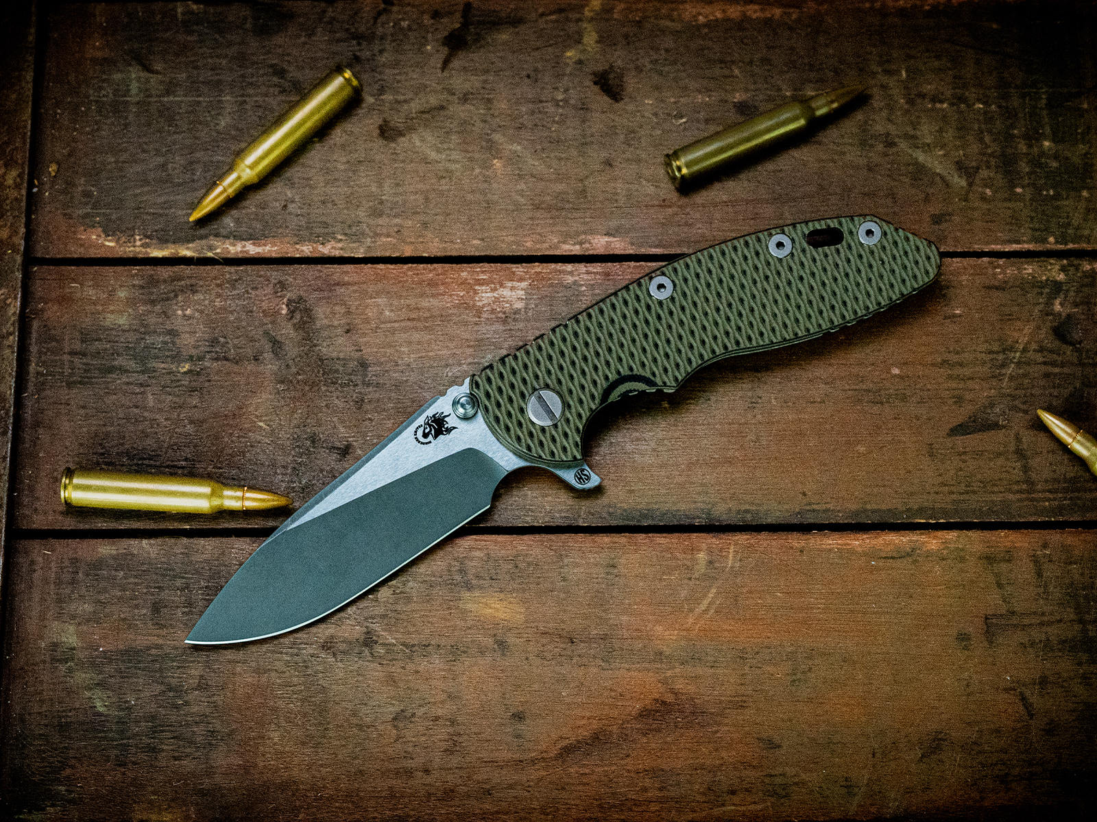 ExpProductCell_XM-18 3.5" Skinny Slicer-Hollow Ground-Magnacut-Textured Battle Green-Working Finish Two Tone Blade-OD Green/Black G10-Working Finish Hardware