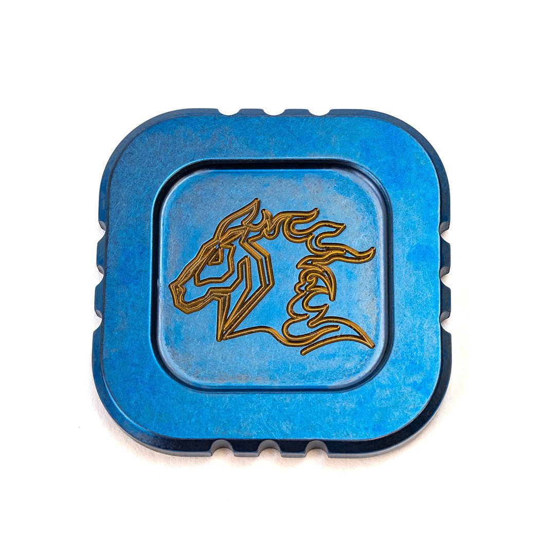 Steel Flame/Hinderer - Titanium Filler Tab Challenge Coin - Stonewash Blue/Bronze Horse Steel Flame/Hinderer - Titanium Filler Tab Challenge Coin - Stonewash Blue/Bronze Horse