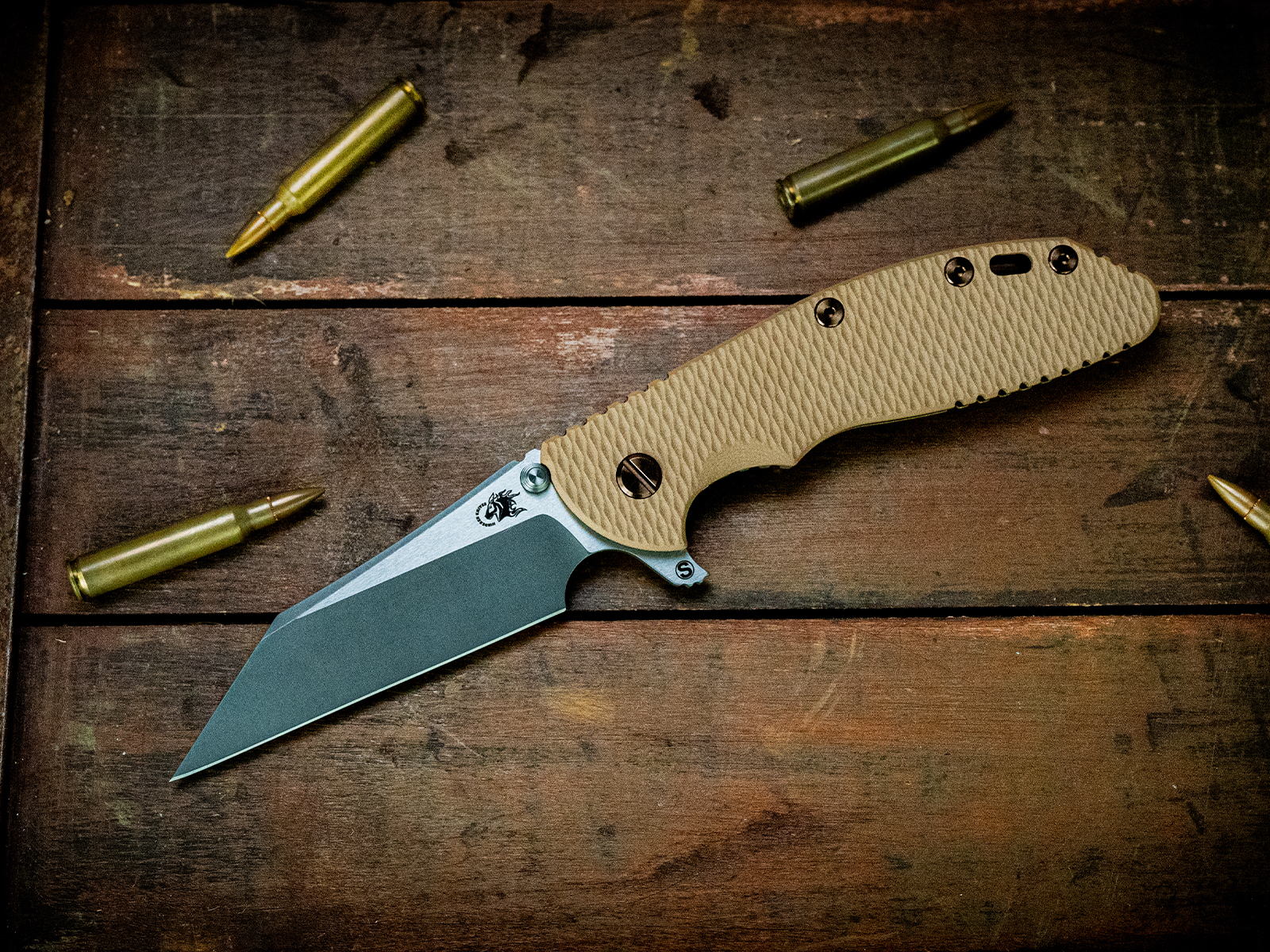 ExpProductCell_XM-24 Wharncliffe Skinny-S45VN-Battle Bronze-Working Finish Two Tone-Coyote G10-Bronze Ti Hardware