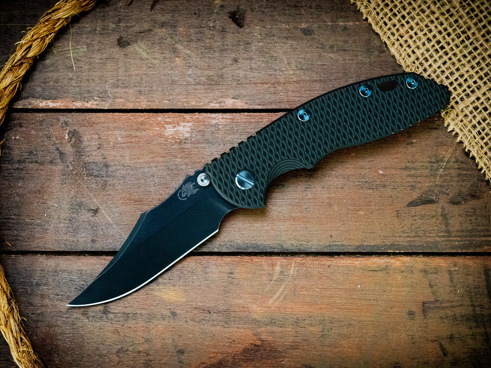 XM-18 3.5"-Non Flipper-Bowie-Battle Black Blade-Working Finish-Dark Green/Black G10-Light Blue Ti Hardware XM-18 3.5"-Non Flipper-Bowie-Battle Black Blade-Working Finish-Dark Green/Black G10-Light Blue Ti Hardware