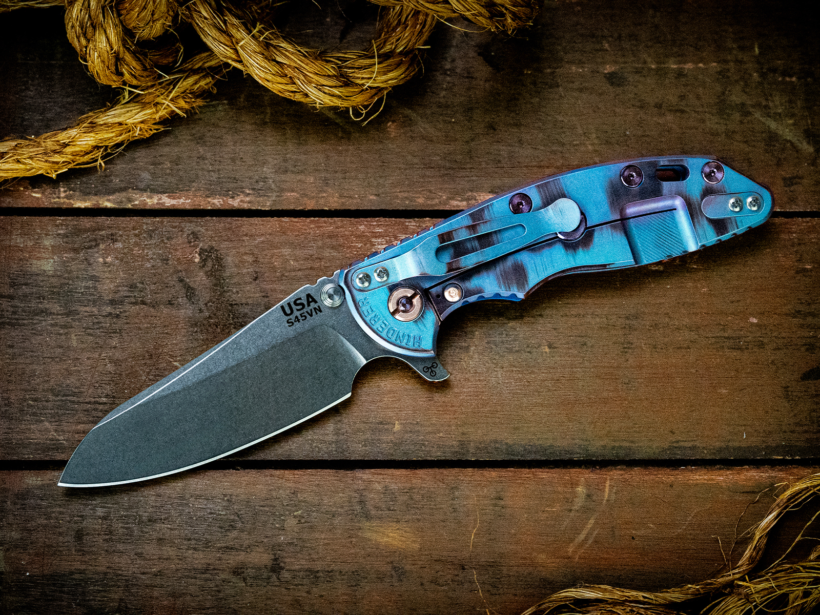 ExpProductCell_XM-18 3.5"-S45VN-Sheepsfoot-Stonewash Blade-Blue/Purple Special Finish-Blue G10-Purple Ti Hardware-LEFT HANDED