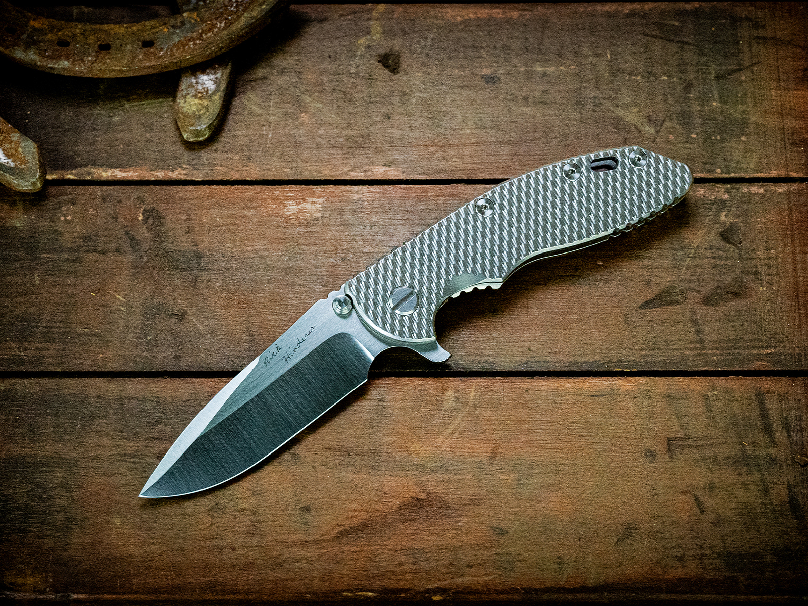 ExpProductCell_Rick Hinderer Custom - XM-18 3.5 - Spearpoint - Full Textured Titanium Scale-Stonewash