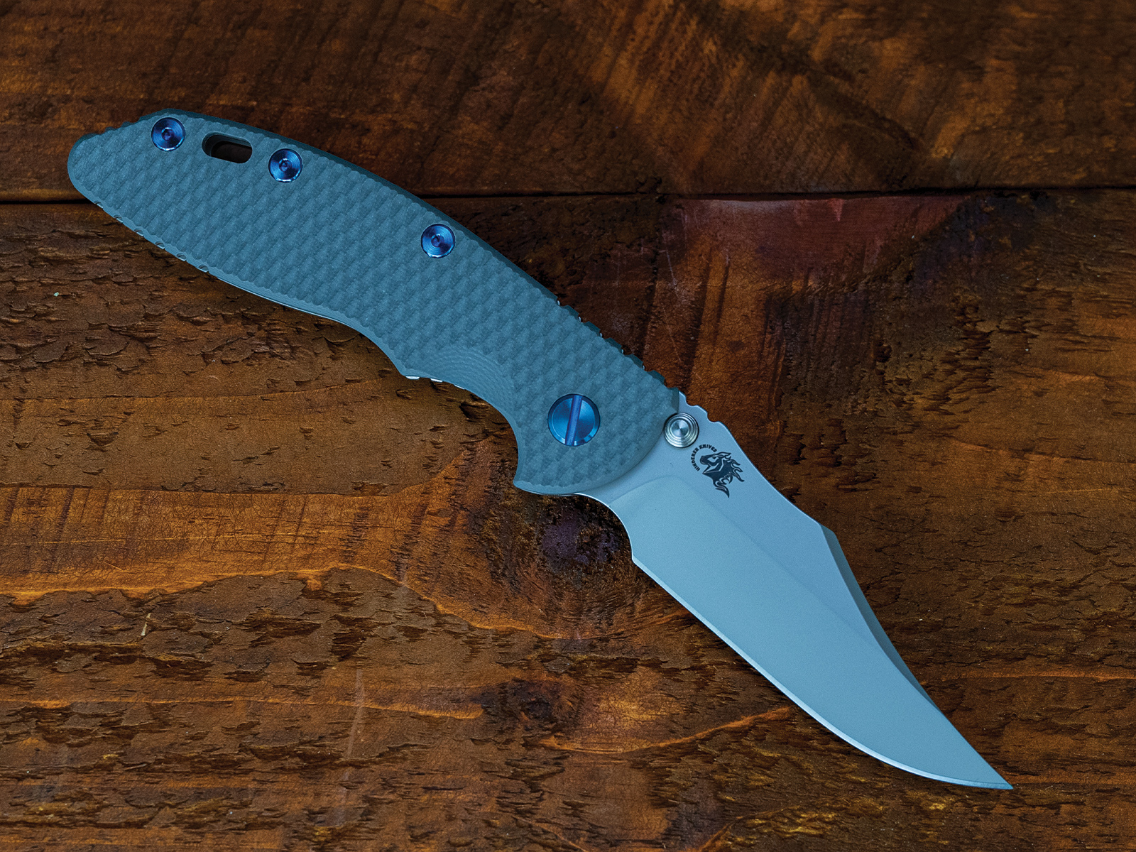 XM-18 3.5" Non-Flipper Bowie-S45VN-Bead Blast-Grey G10-Blue Hardware-Left Handed