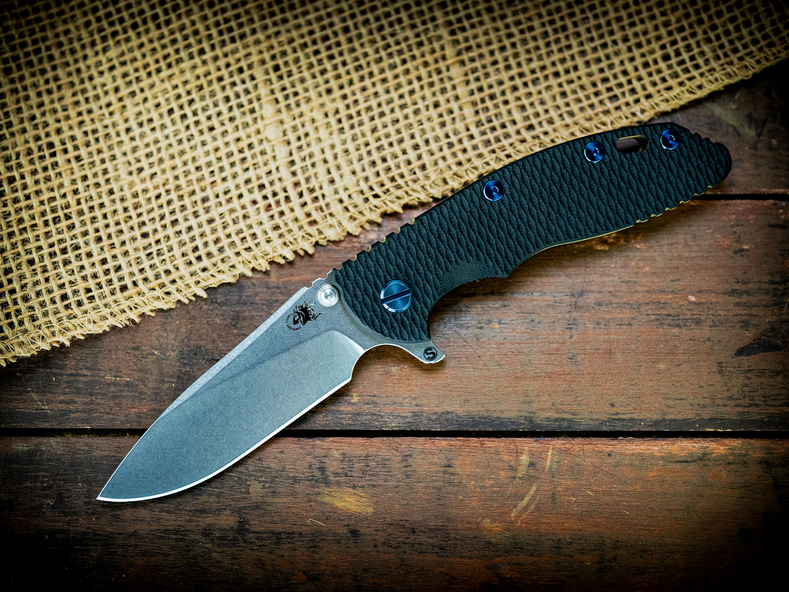 XM-18 3.5" Skinny Slicer-Flat Ground-Stonewash Gold-Black G10-Blue Ti Hardware XM-18 3.5" Skinny Slicer-Flat Ground-Stonewash Gold-Black G10-Blue Ti Hardware