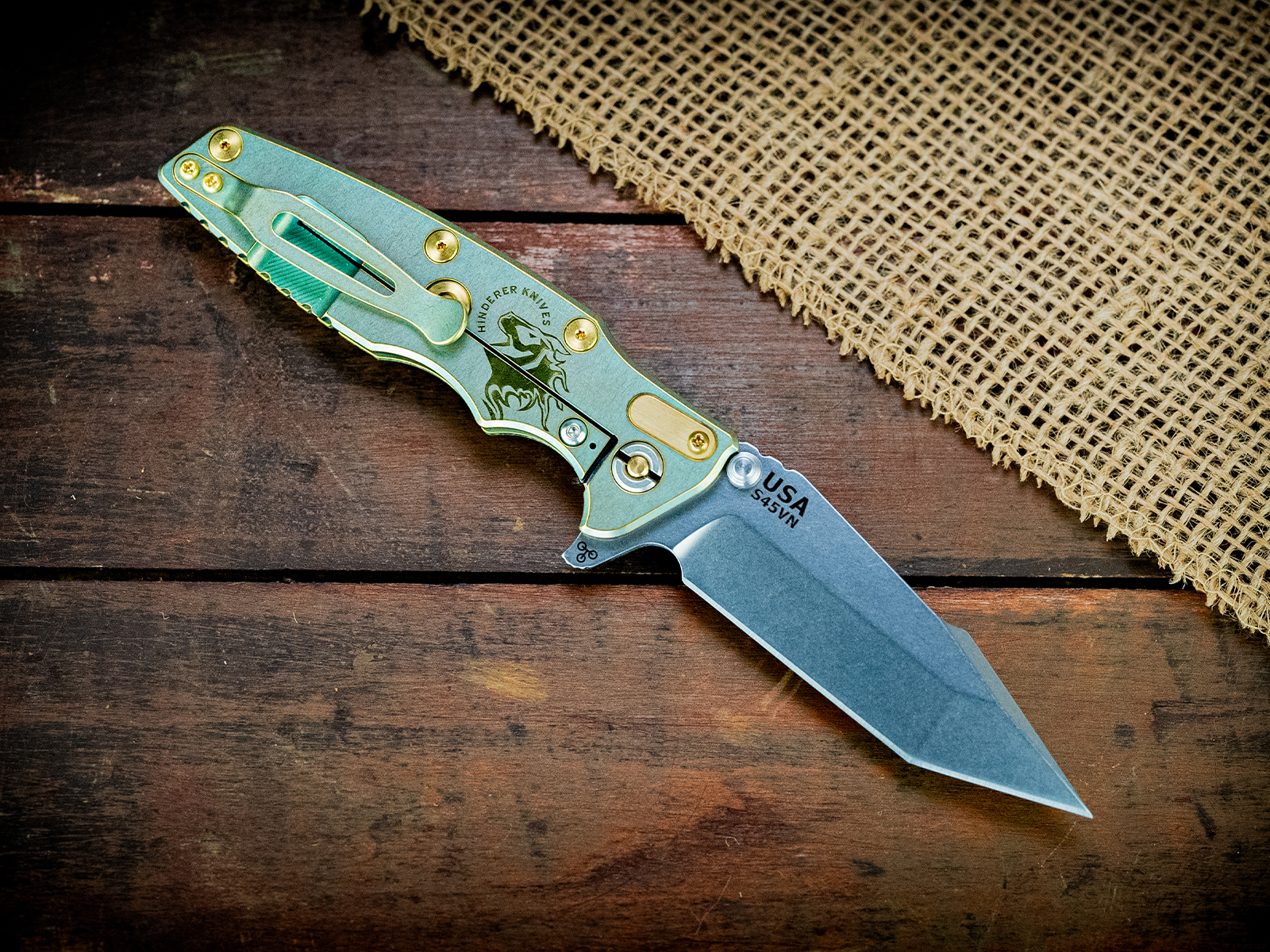 Eklipse-Harpoon Tanto-S45VN-Stonewash Green/Bronze Horsehead-Toxic Storm FCF-Brass Hardware Eklipse-Harpoon Tanto-S45VN-Stonewash Green/Bronze Horsehead-Toxic Storm FCF-Brass Hardware