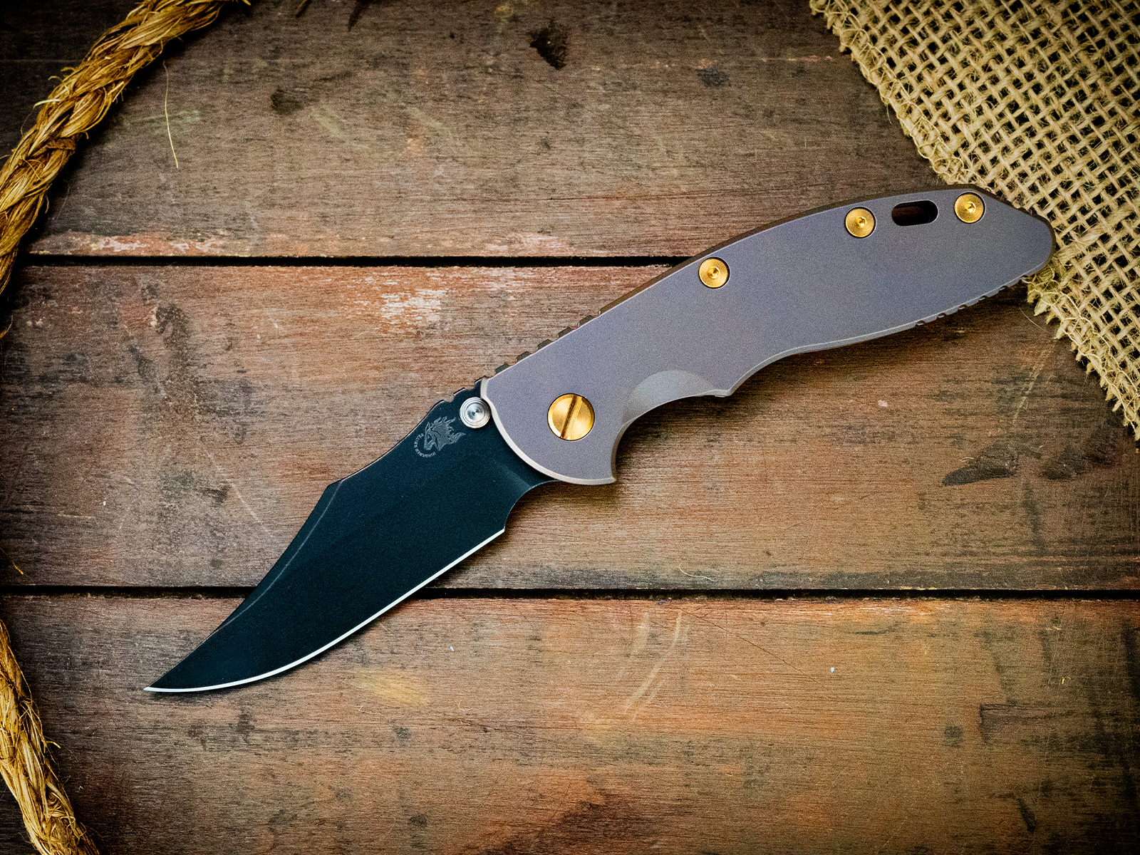 ExpProductCell_XM-18 3.5"-Non Flipper-Bowie-Battle Black Blade-Full Bead Blast Purple Ti-Brass Hardware