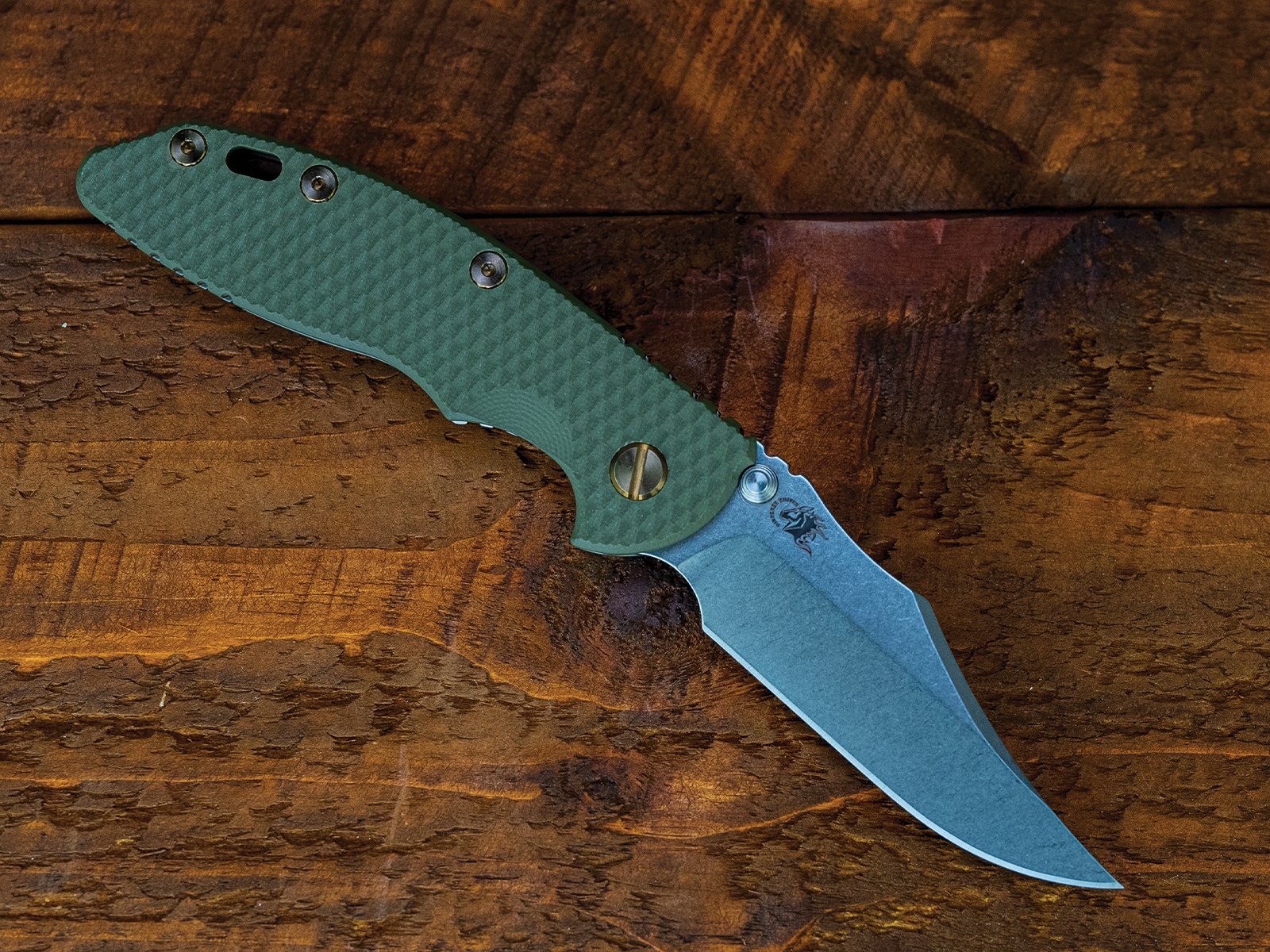 ExpProductCell_XM-18 3.5" Non-Flipper Bowie-S45VN-Stonewash Blade-Bead Blast Bronze-OD Green G10-Bronze Ti Hardware-Left Handed