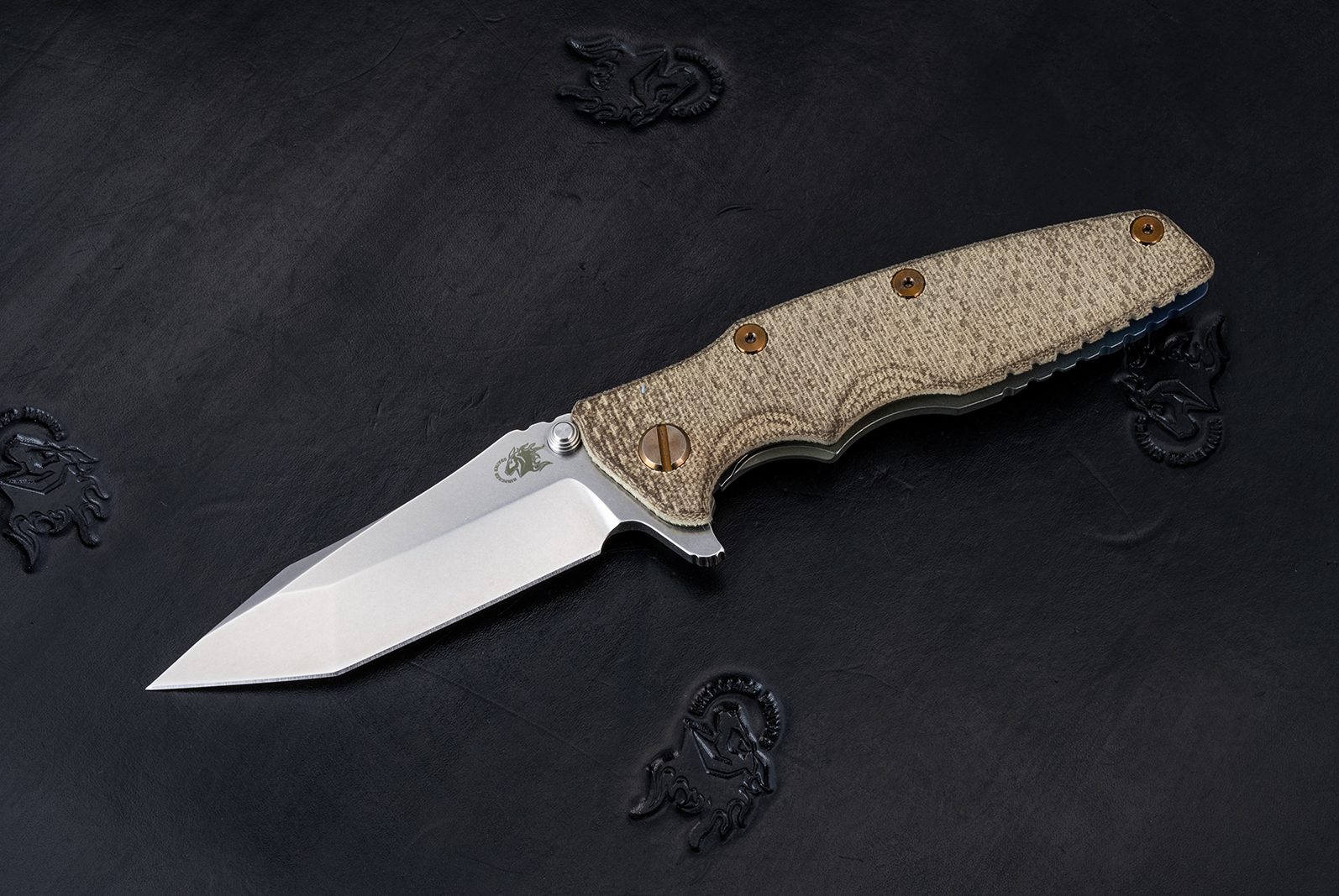 Eklipse 3.5" Tanto-20CV-Stonewash Blade-Containment Series Battle Blue/Green-Textured Natural Micarta-Bonze Titanium Eklipse 3.5" Tanto-20CV-Stonewash Blade-Containment Series Battle Blue/Green-Textured Natural Micarta-Bonze Titanium