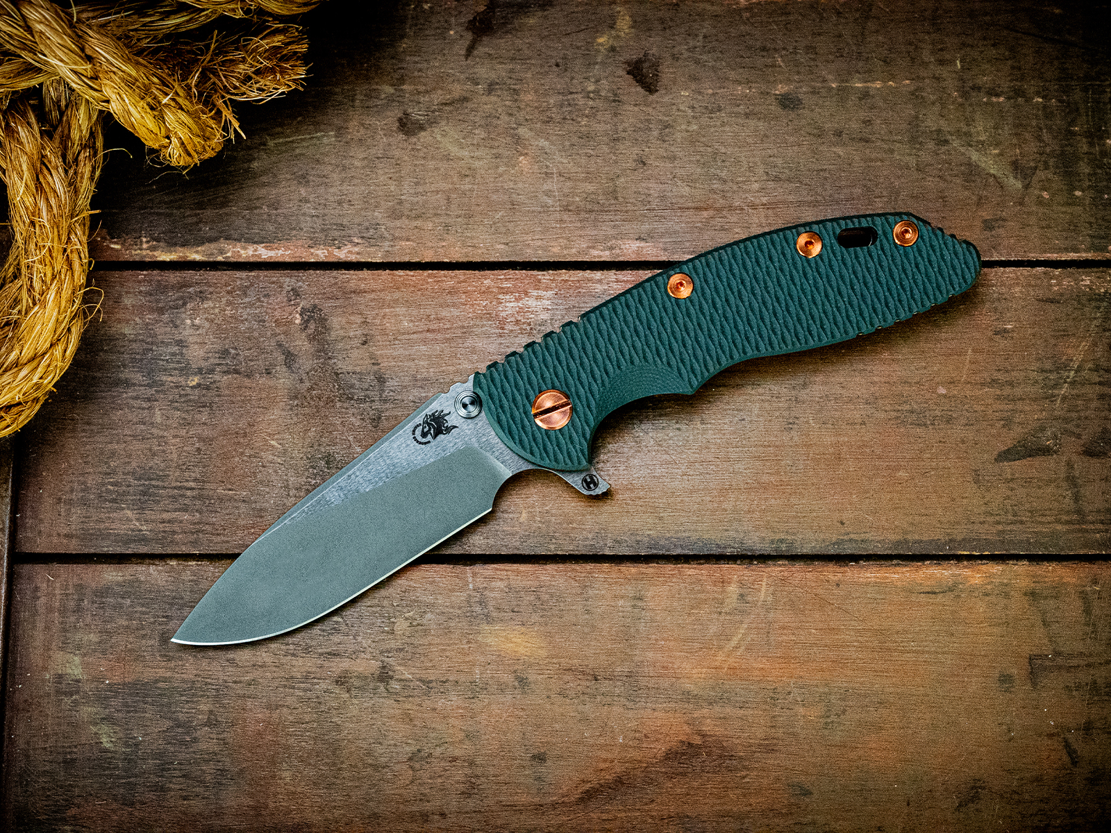 ExpProductCell_XM-18 3.5"-20CV-Slicer-Hollow Ground-Working Finish Two Tone Blade-Stonewash Bronze-Dark Green G10-Copper Hardware