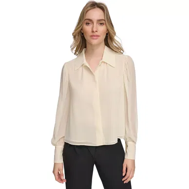 Women's Sheer-Sleeve Collared Shirt