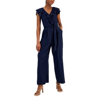 Women's Linen-Blend Faux-Wrap Ruffled Jumpsuit