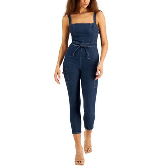 Juniors' Belted Denim Jumpsuit with Ruffle