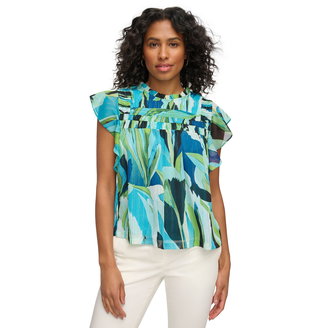Women's Printed Jewel-Neck Flutter-Sleeve Top