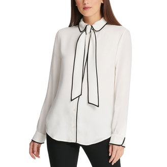 Piped Trim Tie Front Blouse