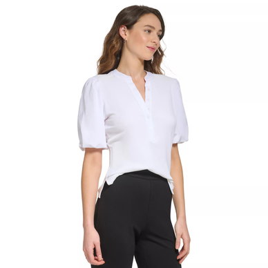Women's Ribbed Contrast-Trim Puffed-Sleeve Top Women's Ribbed Contrast-Trim Puffed-Sleeve Top