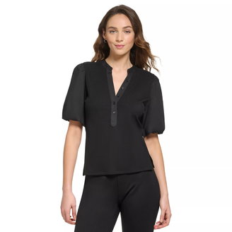 Women's Ribbed Contrast-Trim Puffed-Sleeve Top