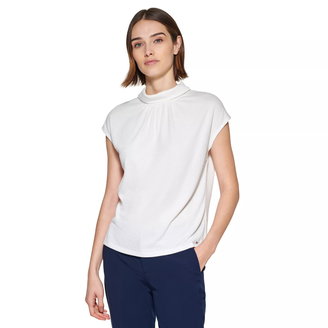 Women's Textured Mock Neck Cap-Sleeve Top