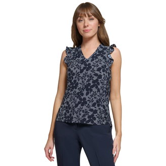 Women's Sleeveless Ruffle-Detail Floral-Print V-Neck Top