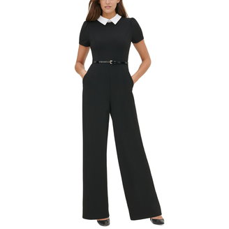 Petite Contrast-Collar Belted Jumpsuit