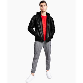 Men's Regular-Fit Faux-Leather Bomber Jacket with Removable Hood, Created for Macy's