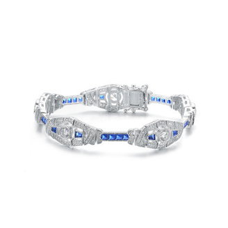 Sterling Silver Clear and Blue Cubic Zirconia Oval Link Bracelet