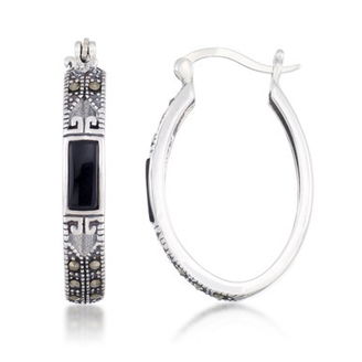 Onyx (7.5 x 5.3mm) & Marcasite Oval Hoop Earrings in Sterling Silver