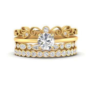 Antique Stacked Bands Solitaire Diamond Ring