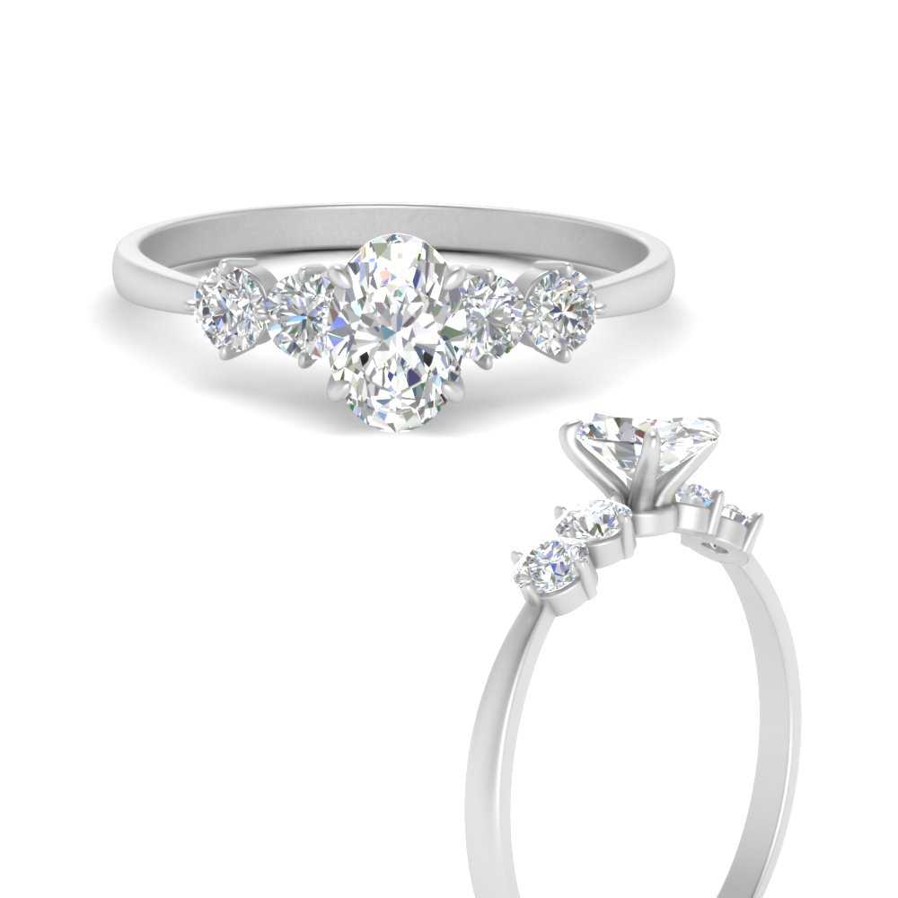 One Carat Oval Compass Set Diamond Ring with 14K White Gold White Diamond