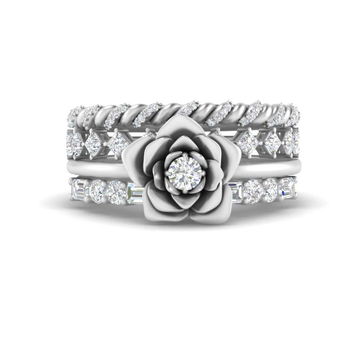 Petal Solitaire Ring With Stacked Band