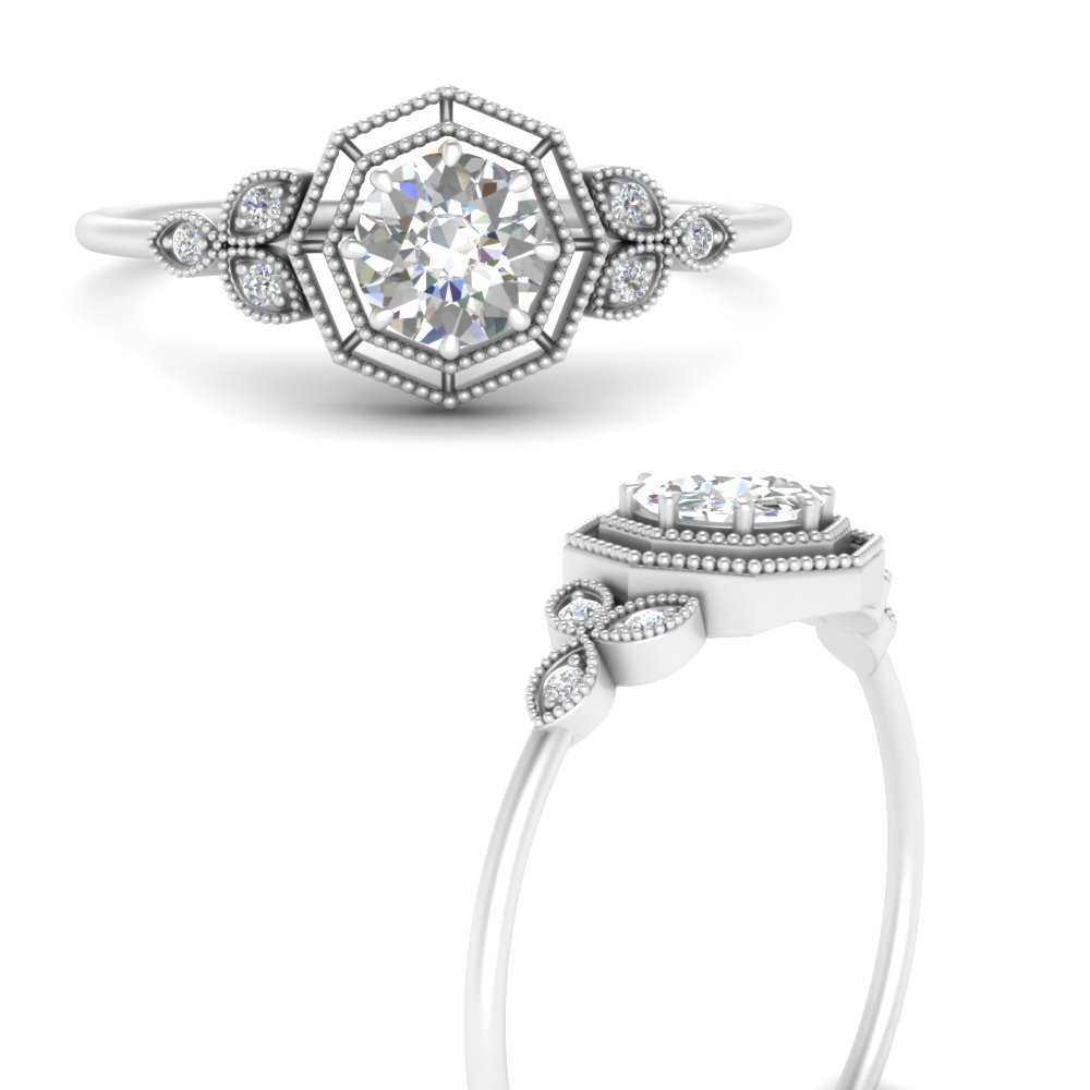 Round Shaped Victorian Inspired Diamond Ring with White Diamond in 14K White Gold