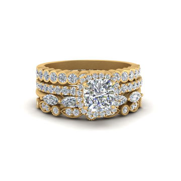 Cushion Halo Ring With Stack Wedding Bands