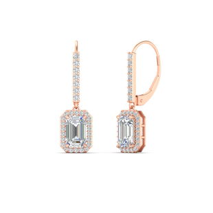 1 Carat Emerald Cut Drop Halo Leverback Earrings